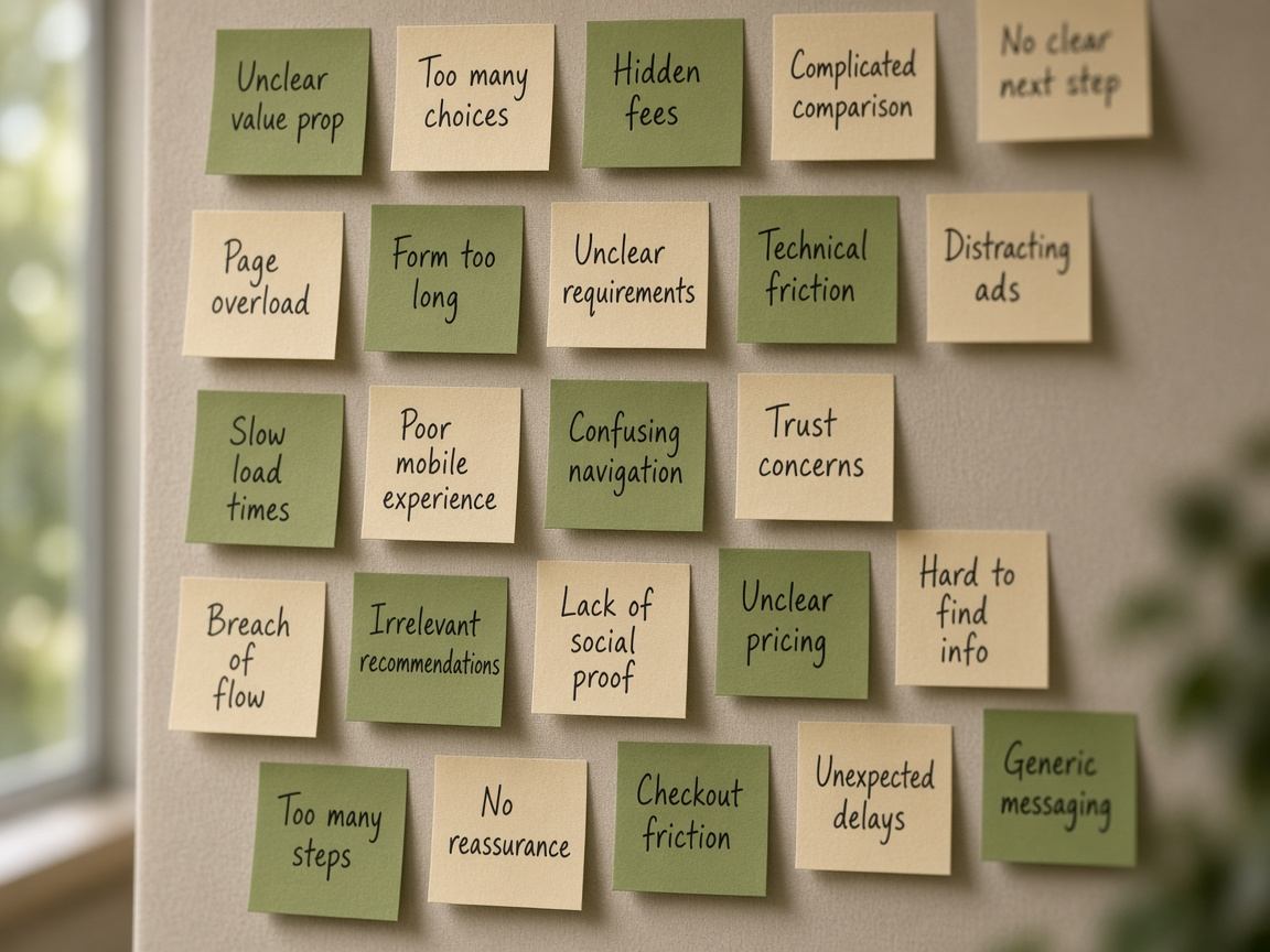 Sticky notes mapping purchase friction points on an olive editorial wall