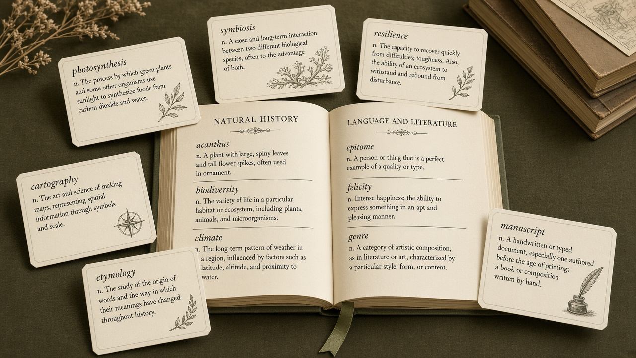 Open editorial glossary notebook with research term cards
