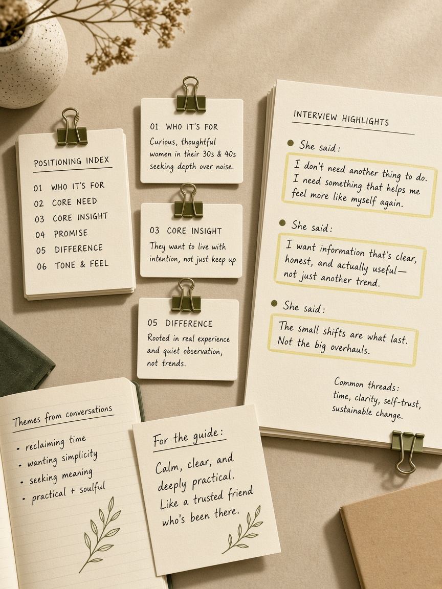 Editorial desk with positioning cards and interview quote highlights