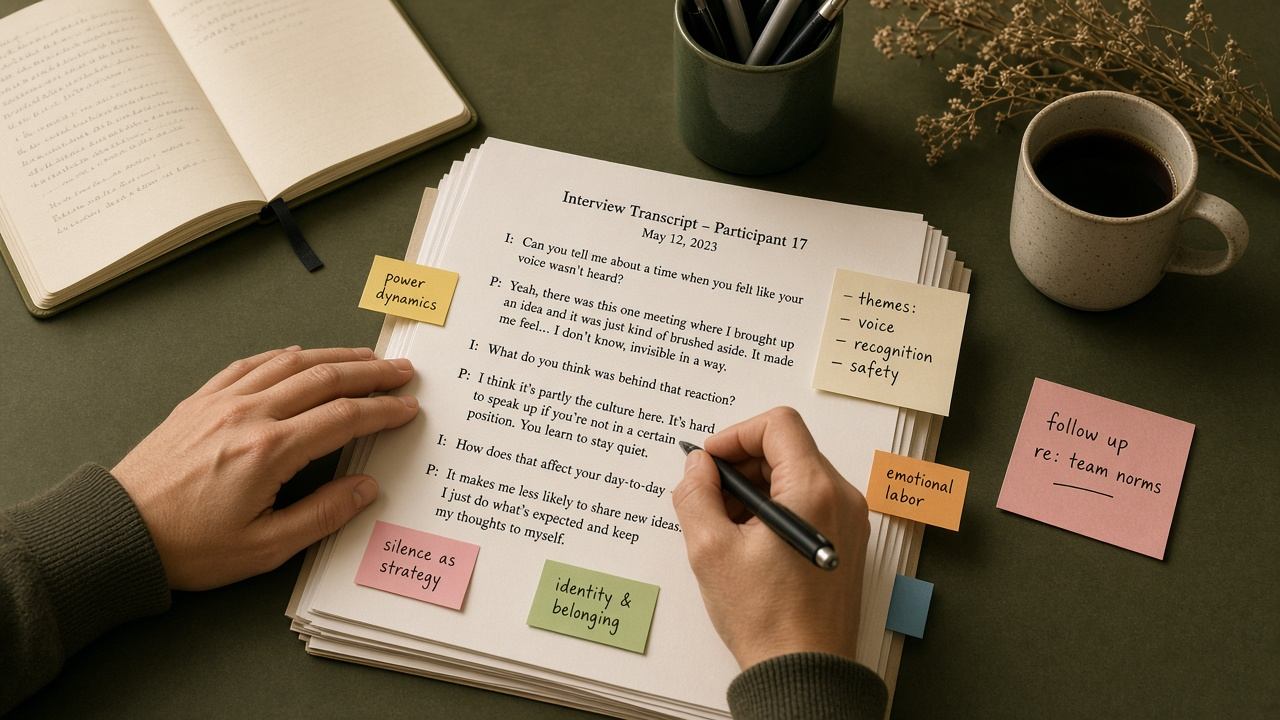 Researcher annotating interview transcripts with evidence tags