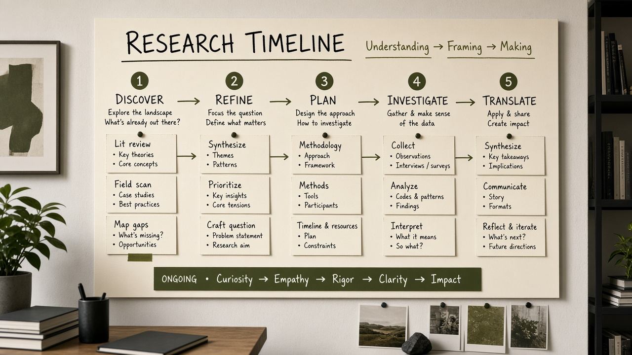 Timeline board showing qualitative research stages from recruit to synthesize