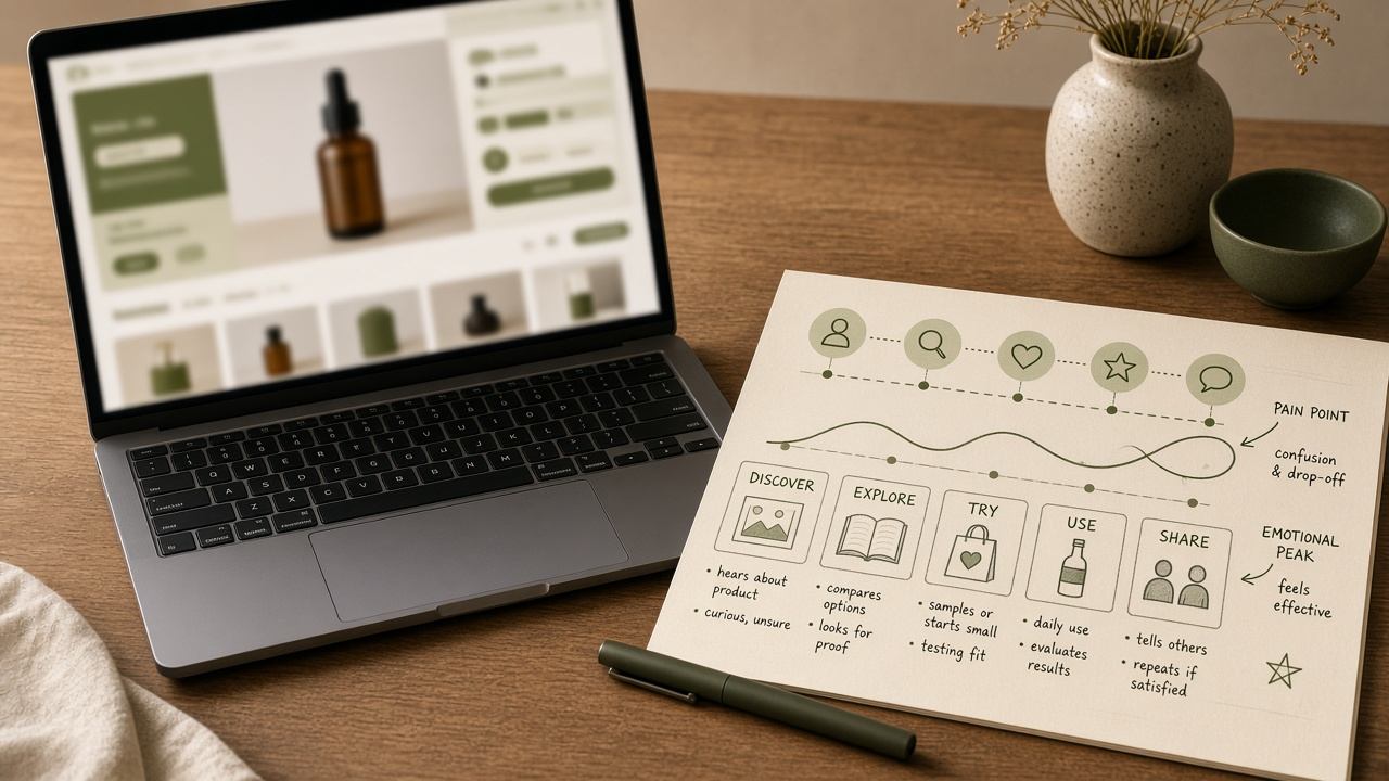 Laptop showing product demo and annotated touchpoint journey map